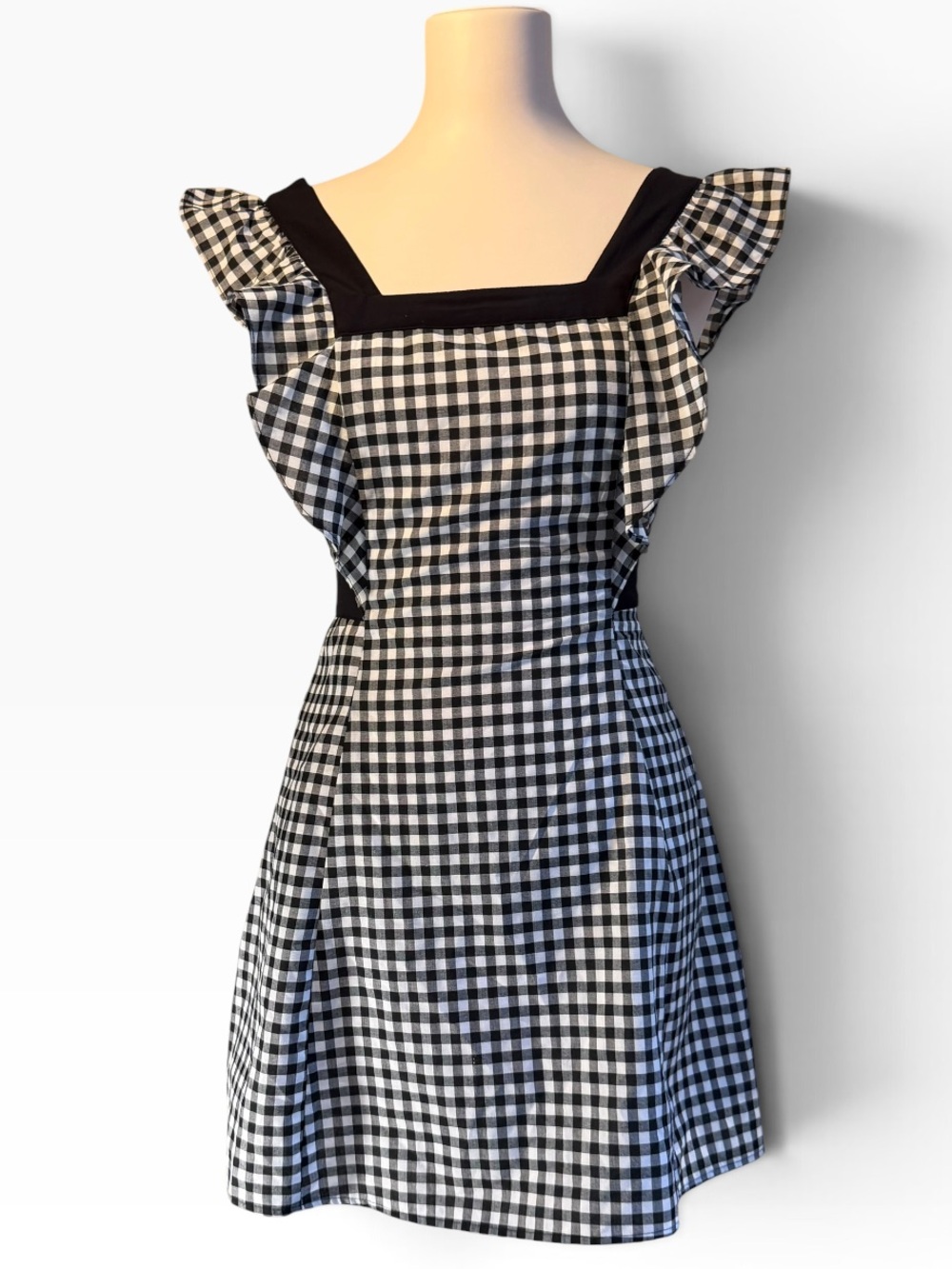BCBGeneration Black White Gingham Ruffle Square Neck Mini Dress Retro